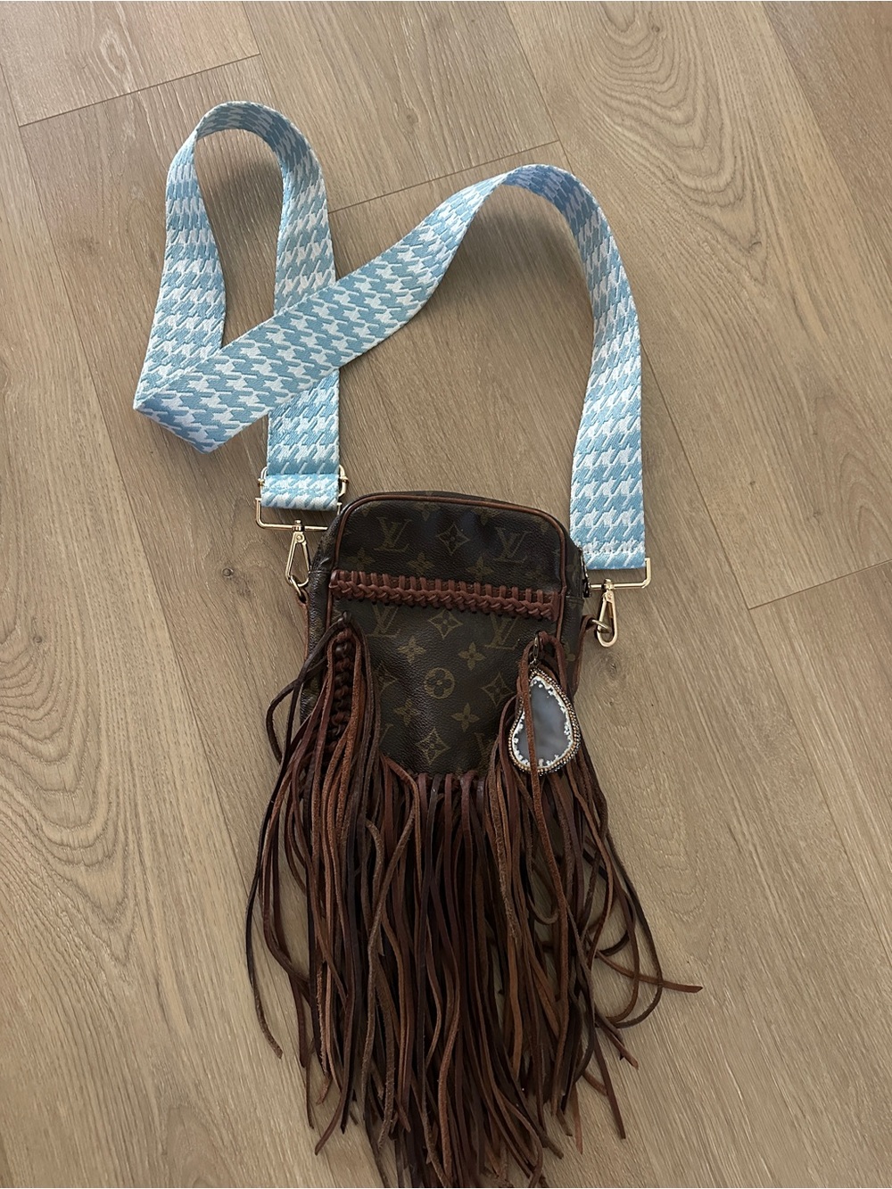Vintage Boho Monogram Fringe Crossbody Bag in Brown and Light Blue Strap